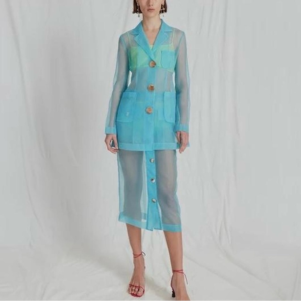 NWOT Rejina Pyo high waisted sheer blue midi button skirt M